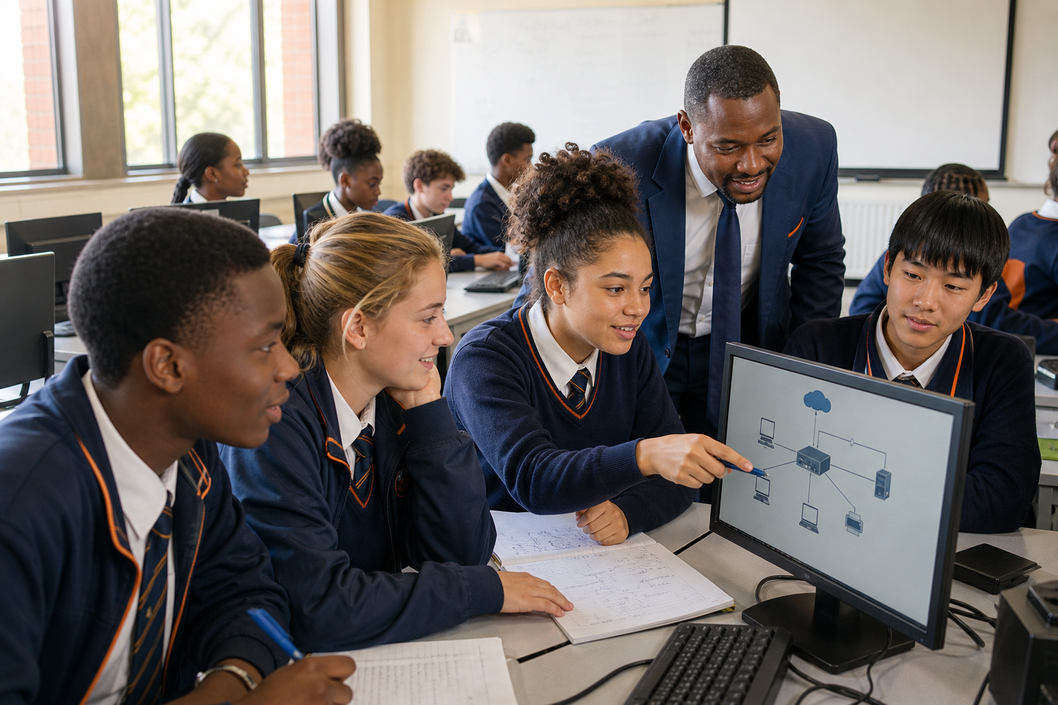 Learners working through a project with a teacher
