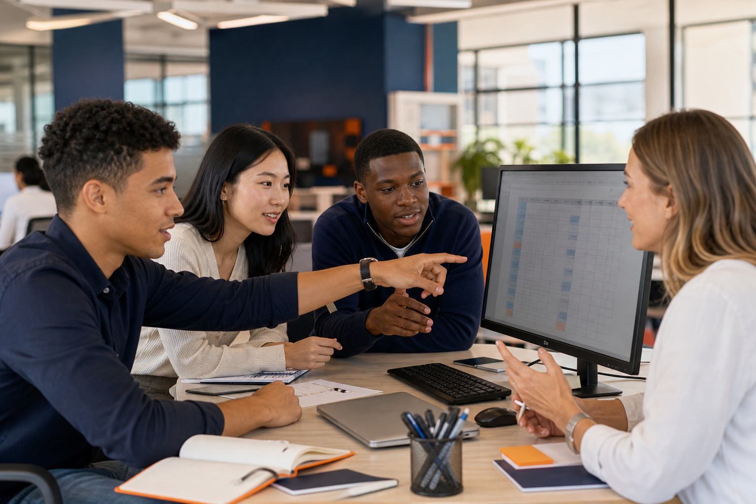 Young IT interns troubleshooting together at a monitor
