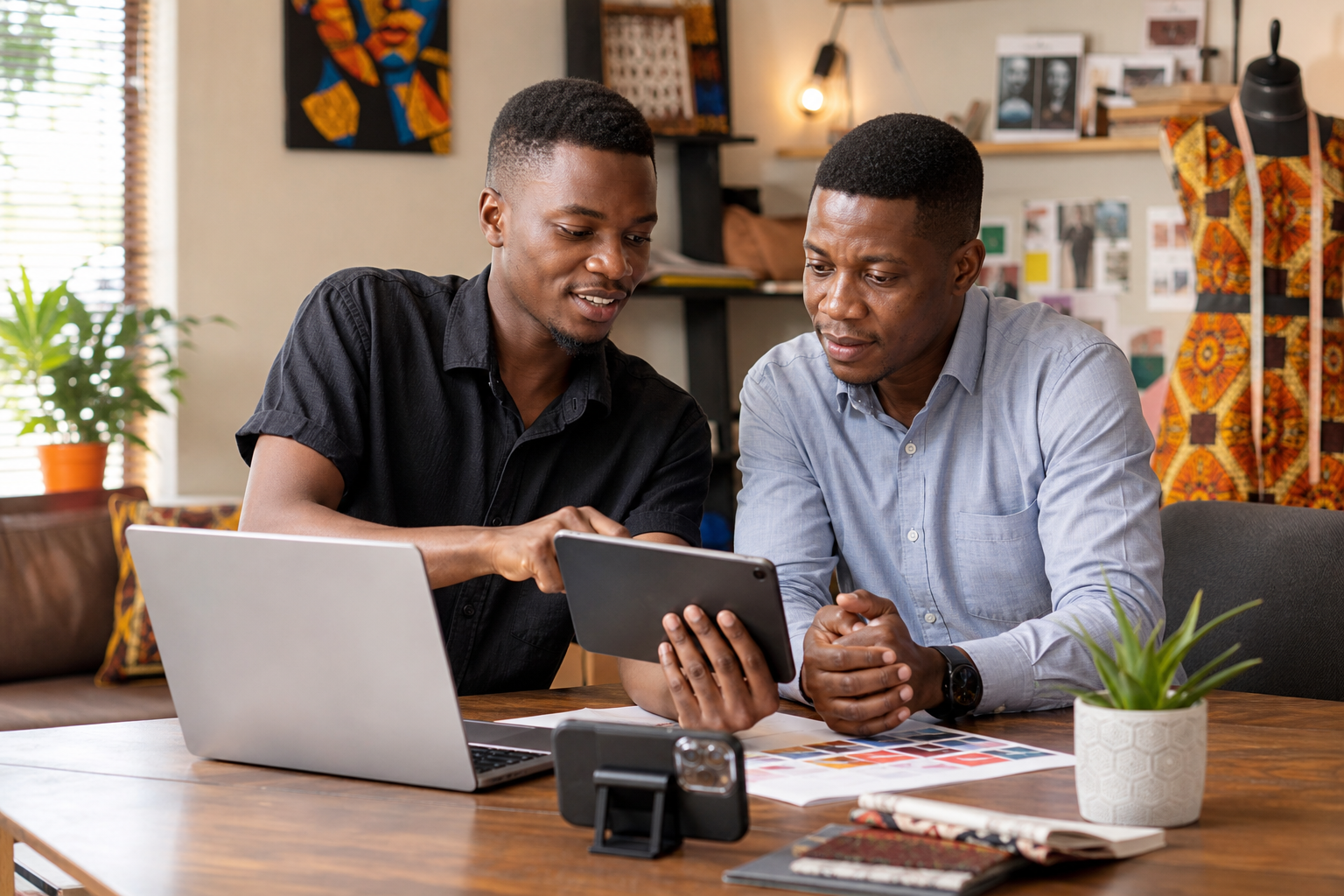 Two young founders reviewing their business on a tablet