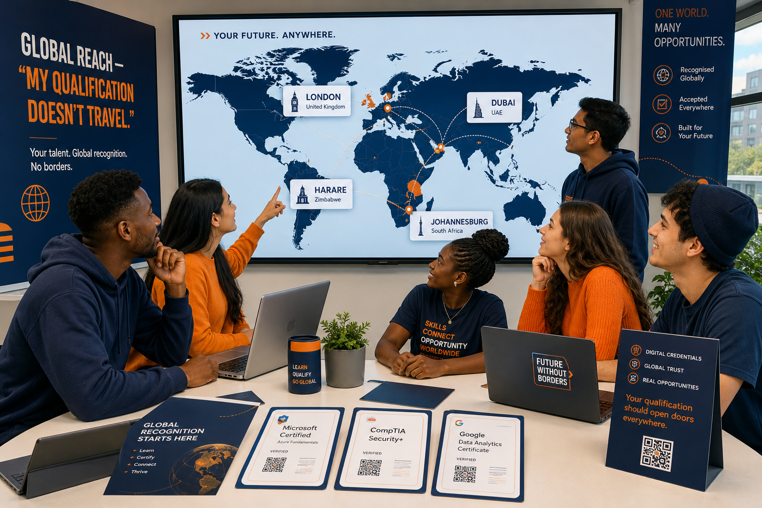 Young graduates showcasing their skills and a global map in the background