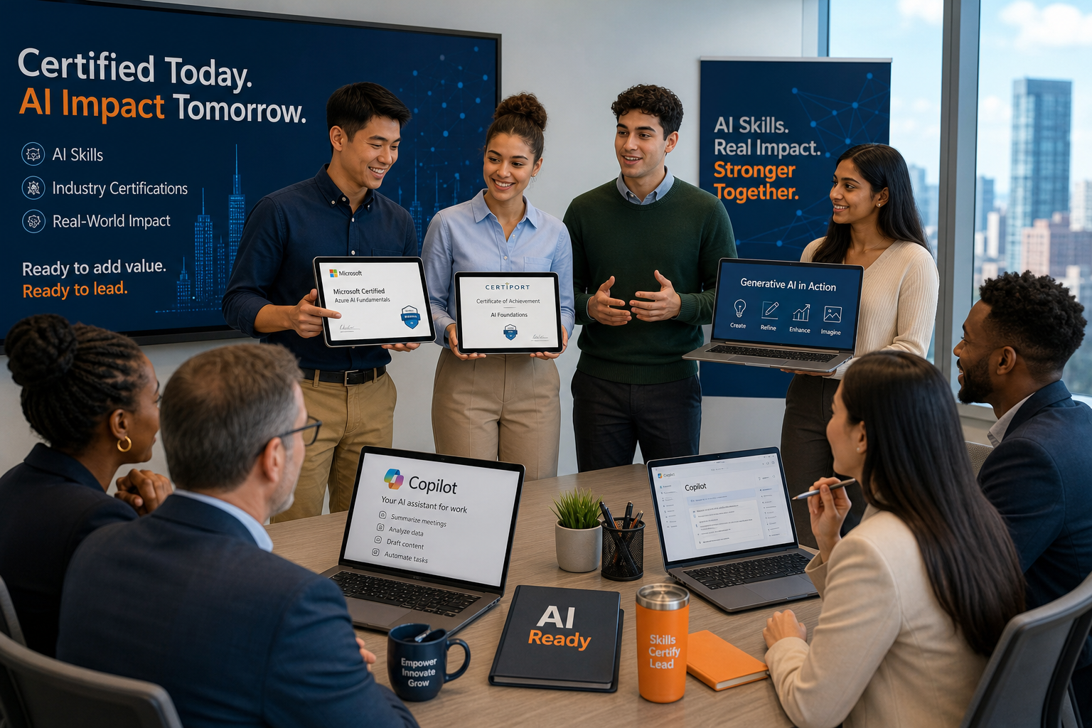 Students engaging positively with a professional team, demonstrating their AI (Copilot, Microsoft and Certiport) credentials and contributing ideas using AI tools