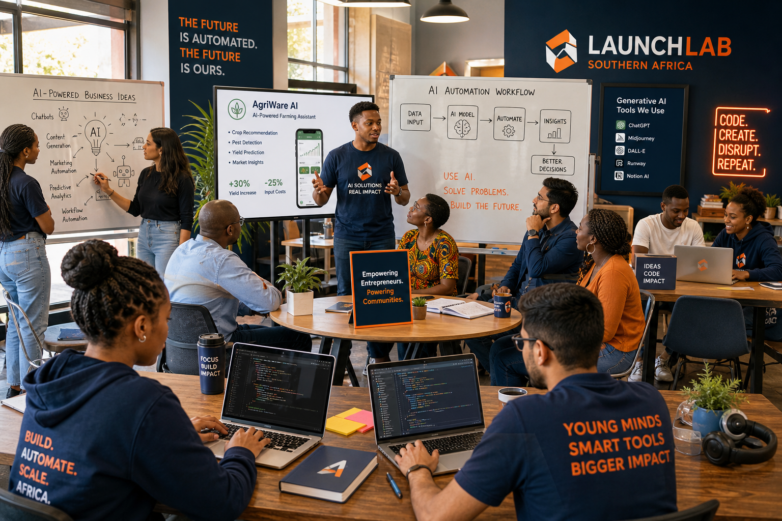 Graduates collaborating to launch AI-powered businesses.