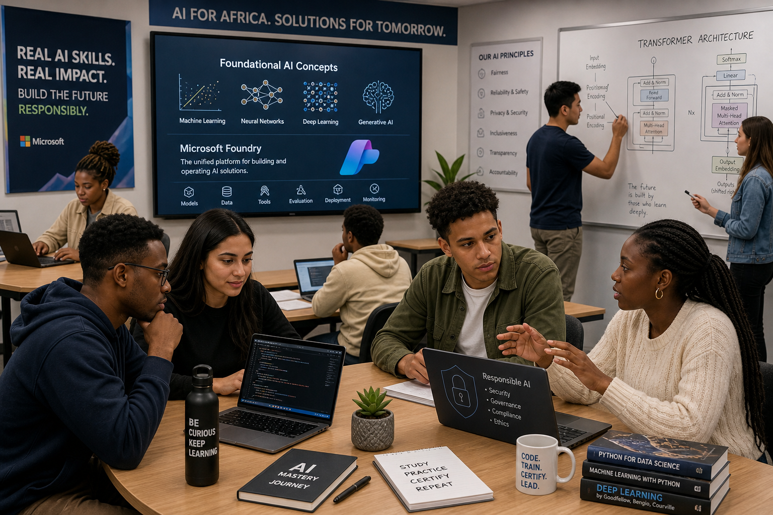 multi-racial group of young adults thoughtfully engaged in activities like Python coding, diagramming AI models, and discussing responsible AI, security, and governance.