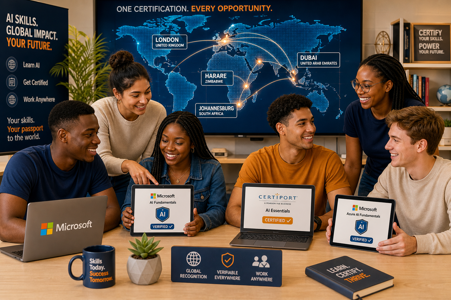 young graduates showcasing their certifications with a global background