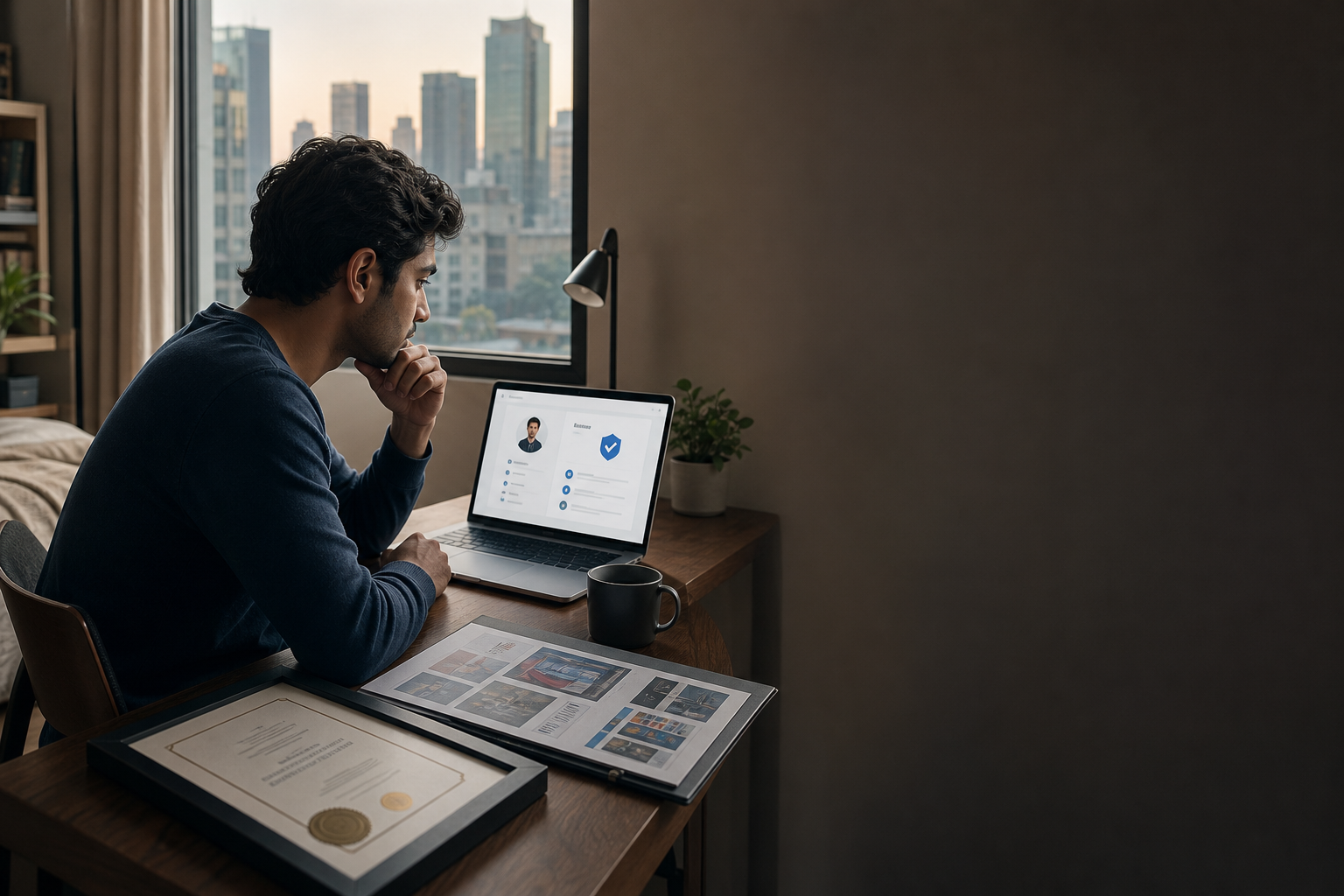 A job seeker reviews a digital creative credential on a laptop while looking for work