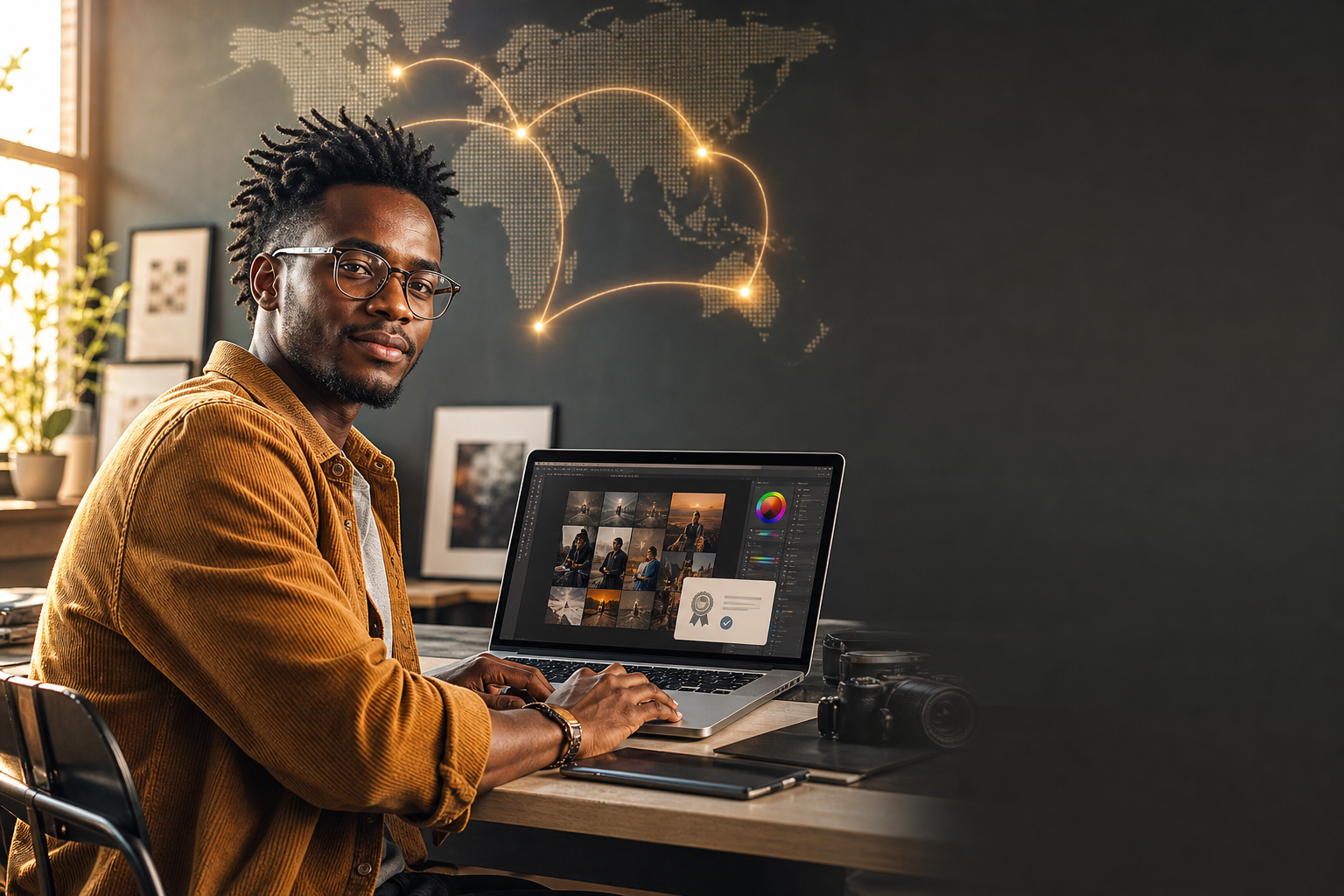 A creative professional uses a laptop as visual connections link their work to opportunities around the world