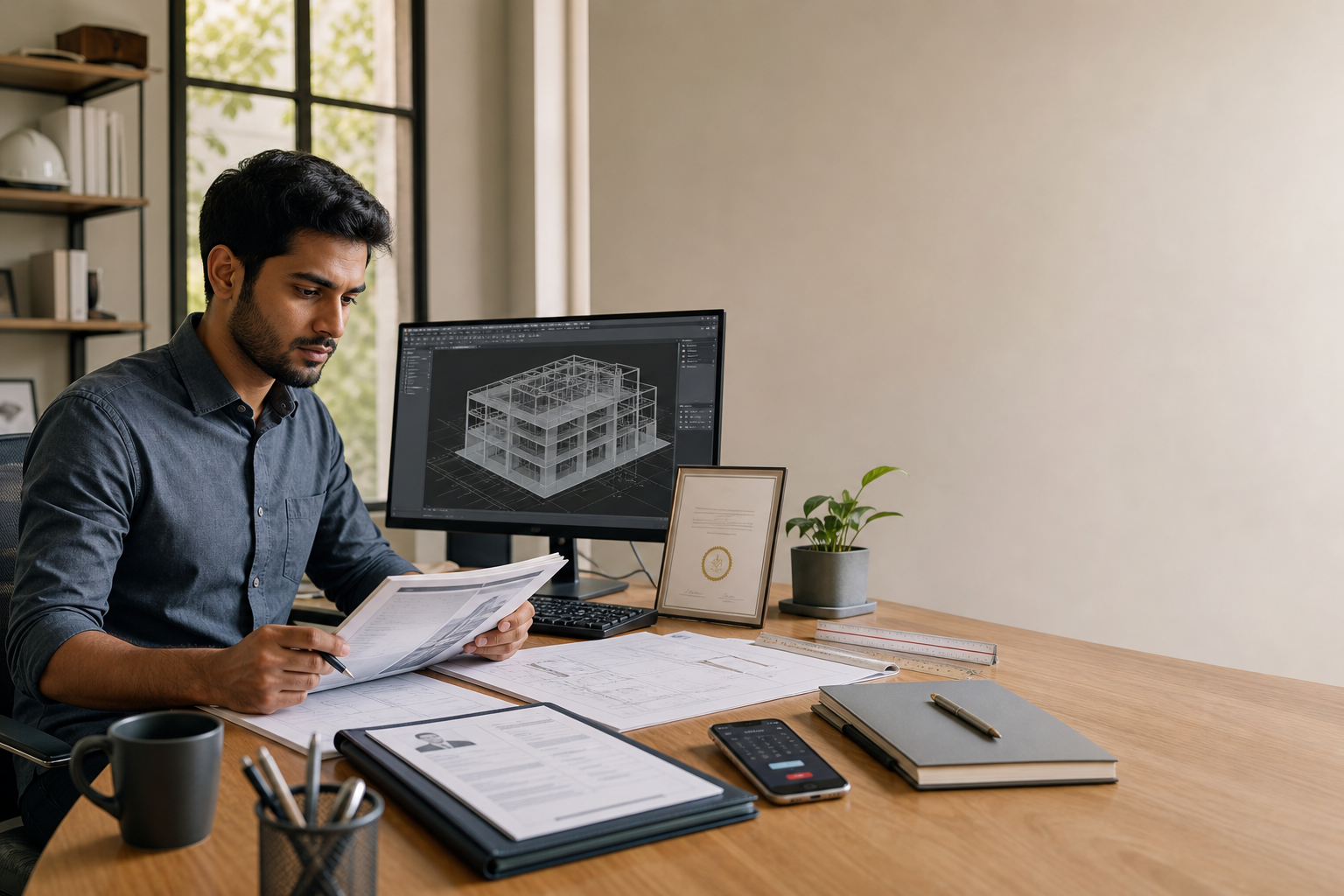 A job seeker reviews a building model on a computer beside a résumé and professional credential, suggesting that verified CAD skills can help turn a qualification into employment.