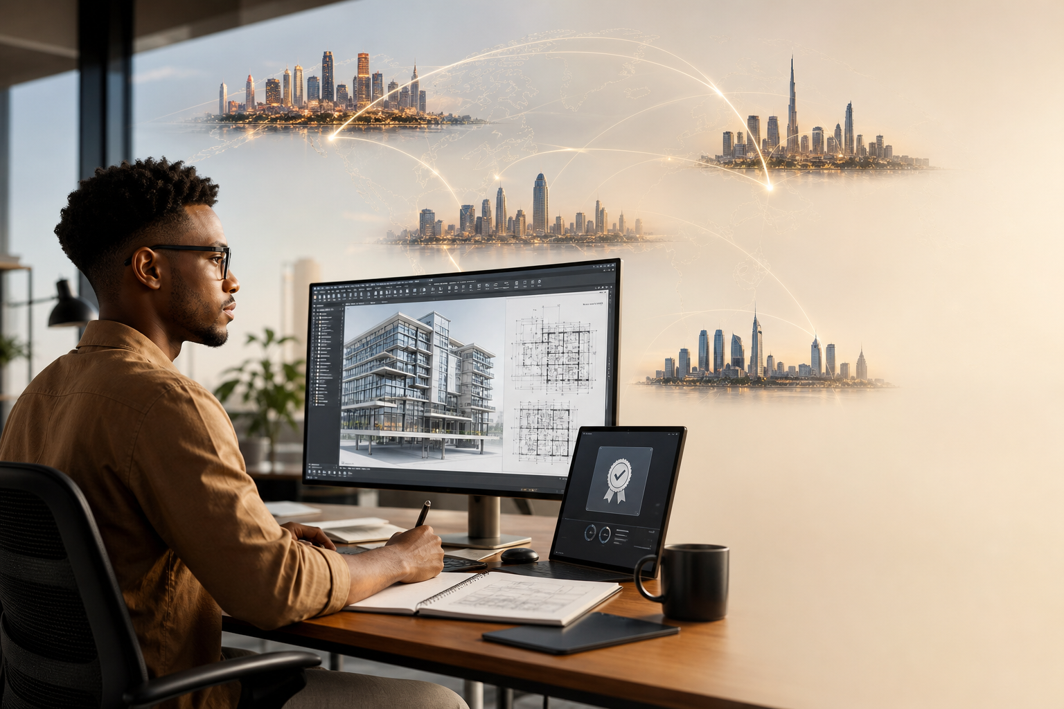 A CAD designer works on an architectural model at a workstation as subtle global connections link the studio to distant cities.
