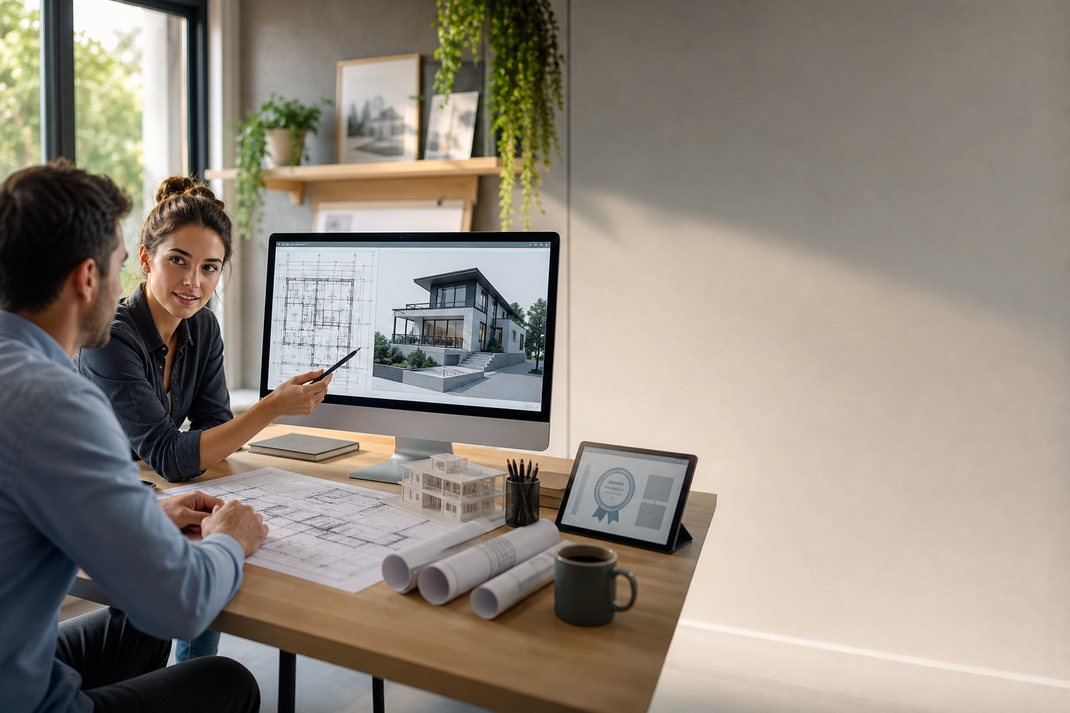 An independent CAD designer presents a 3D house model and technical drawings to a client in a small studio, with a 3D-printed prototype nearby.