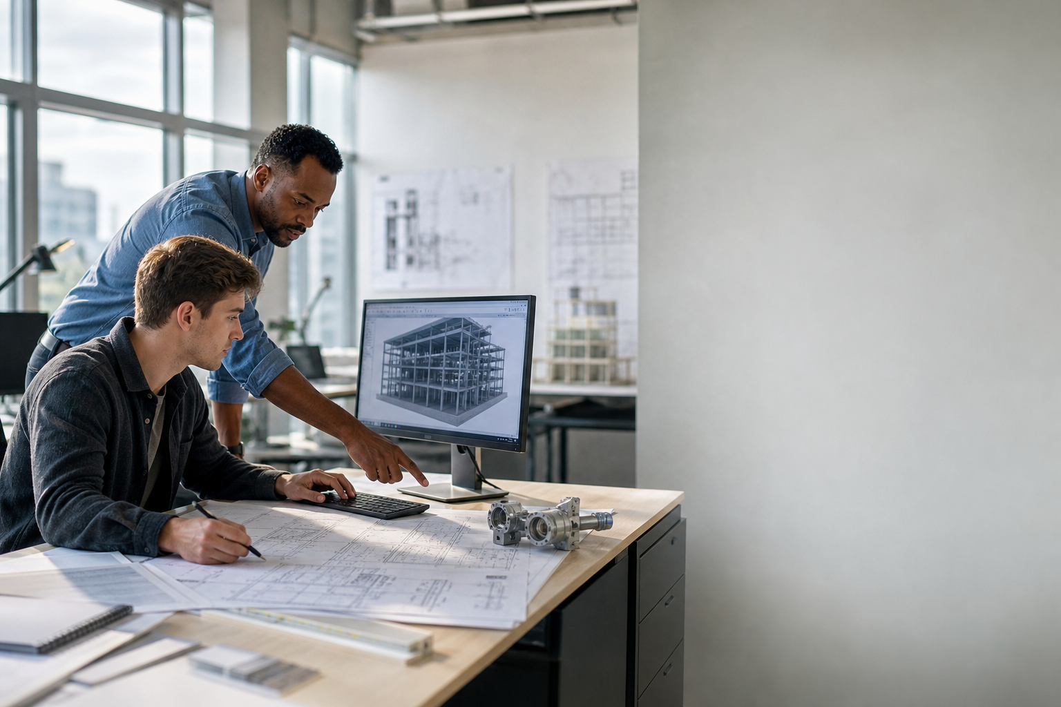 A recent graduate intern and a senior colleague review technical drawings beside a workstation displaying a 3D building model.