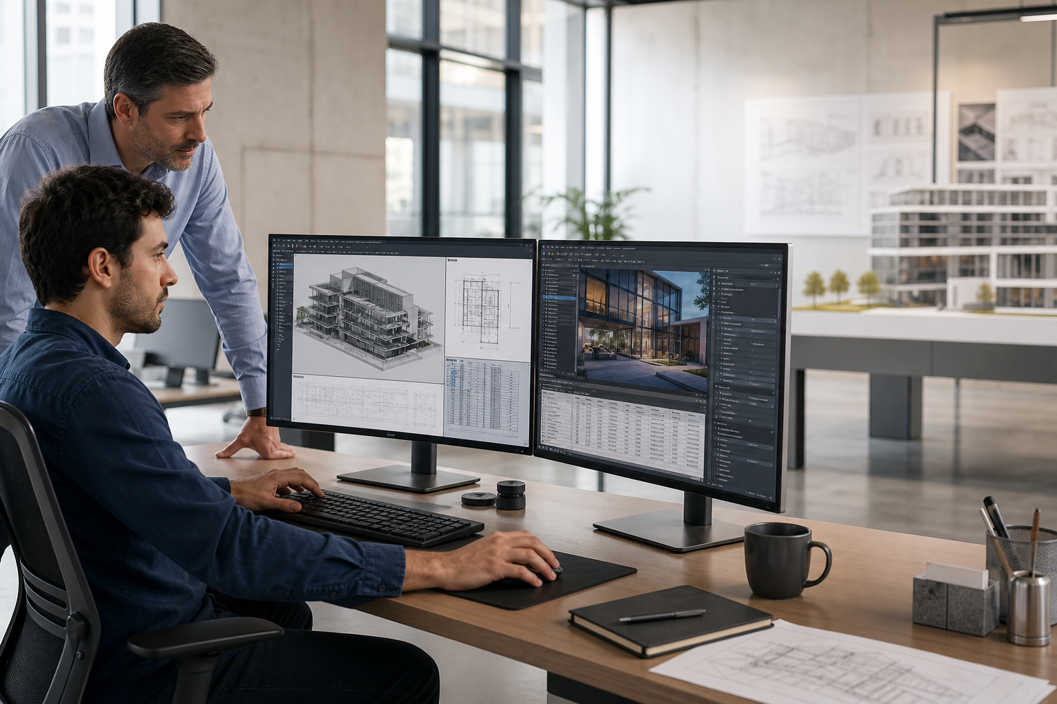 An early-career designer works through a CAD/BIM project at a dual-monitor workstation, with a mentor observing as 3D models, technical drawings and schedules appear on screen.
