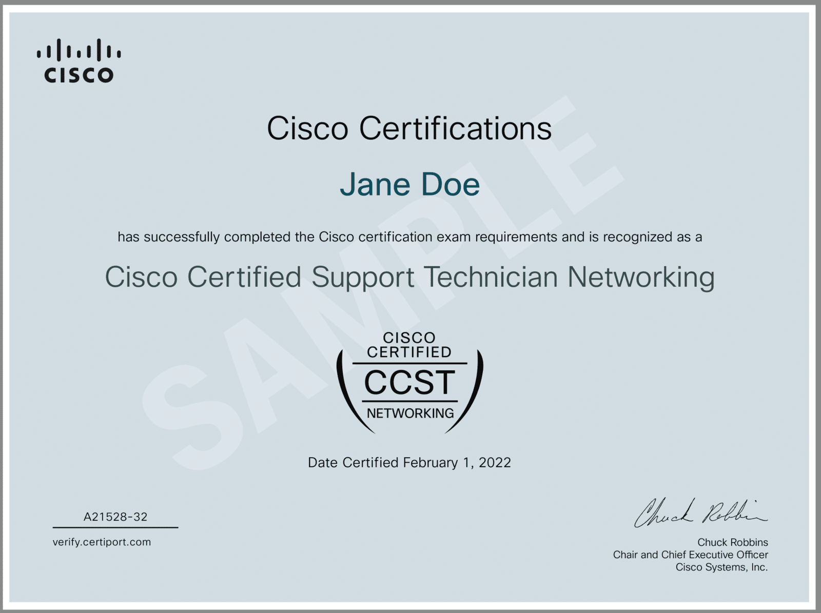 Sample Cisco CCST Networking certificate