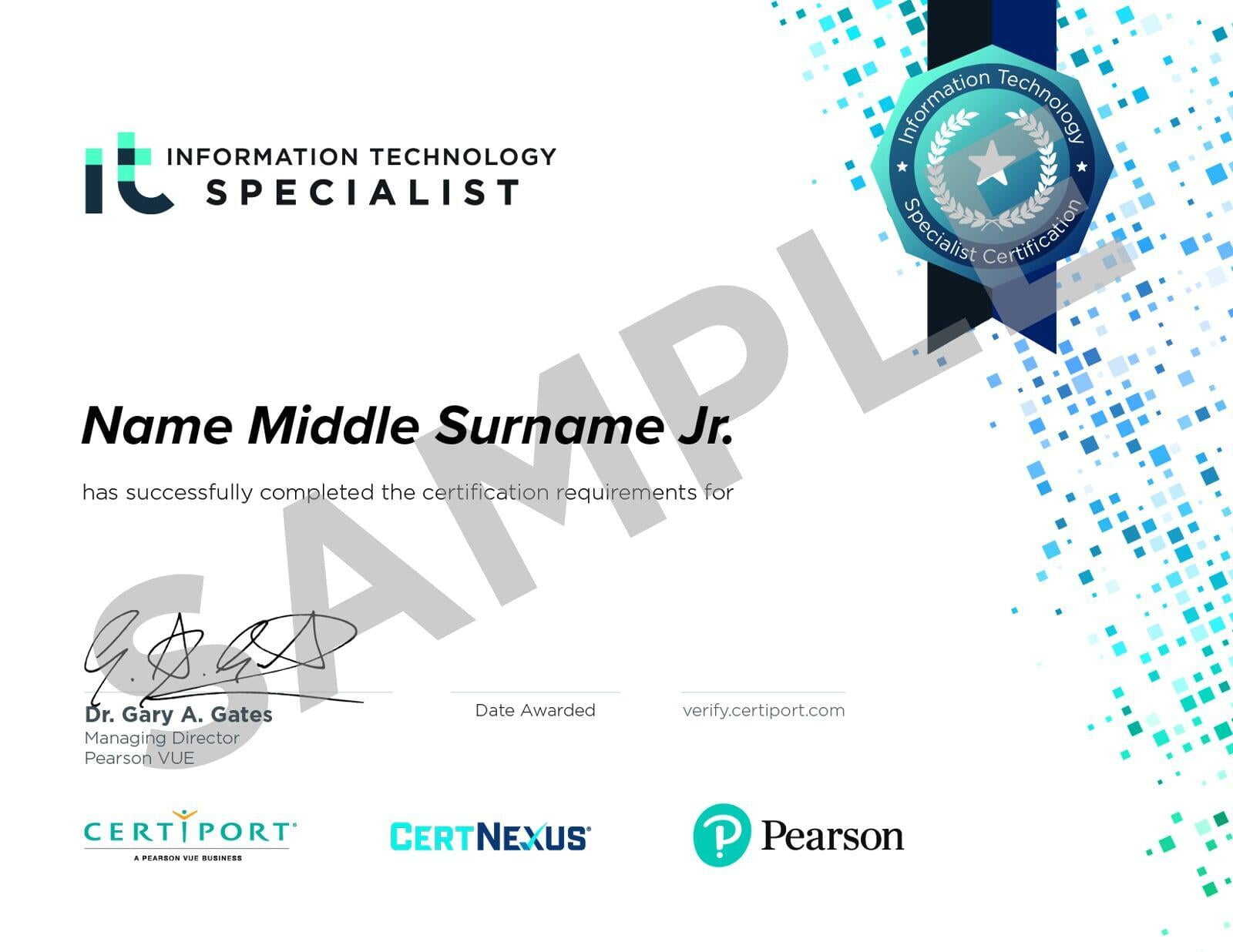 Sample IT Specialist certificate