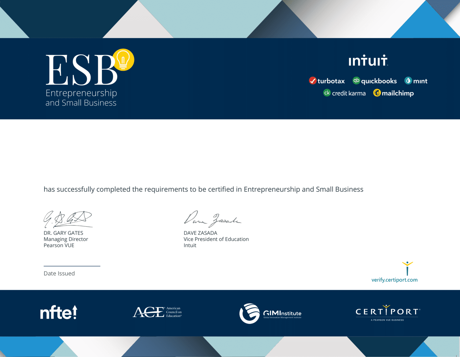 Sample Entrepreneurship & Small Business certificate