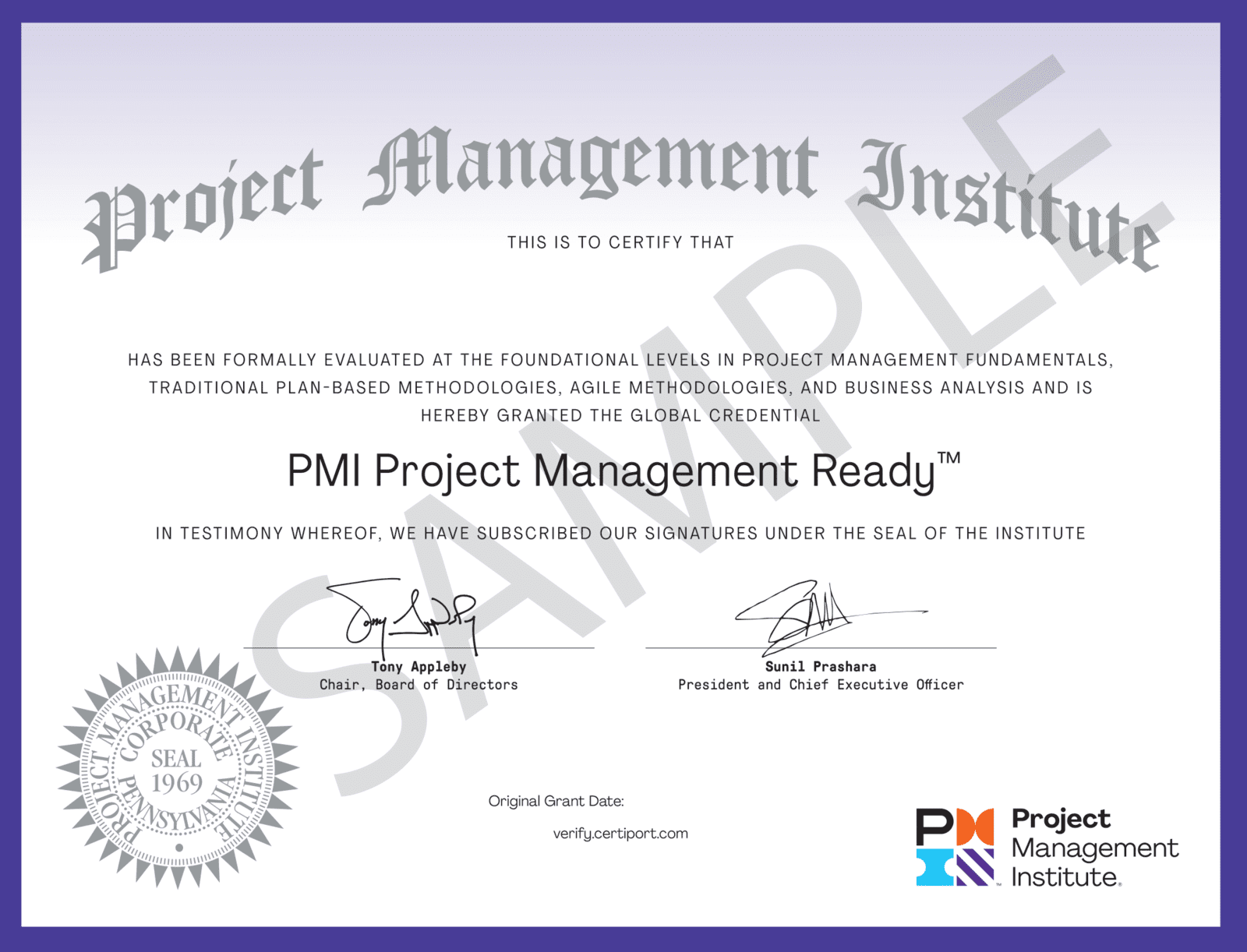 Sample PMI Project Management Ready certificate — issued by the Project Management Institute, delivered by Certiport