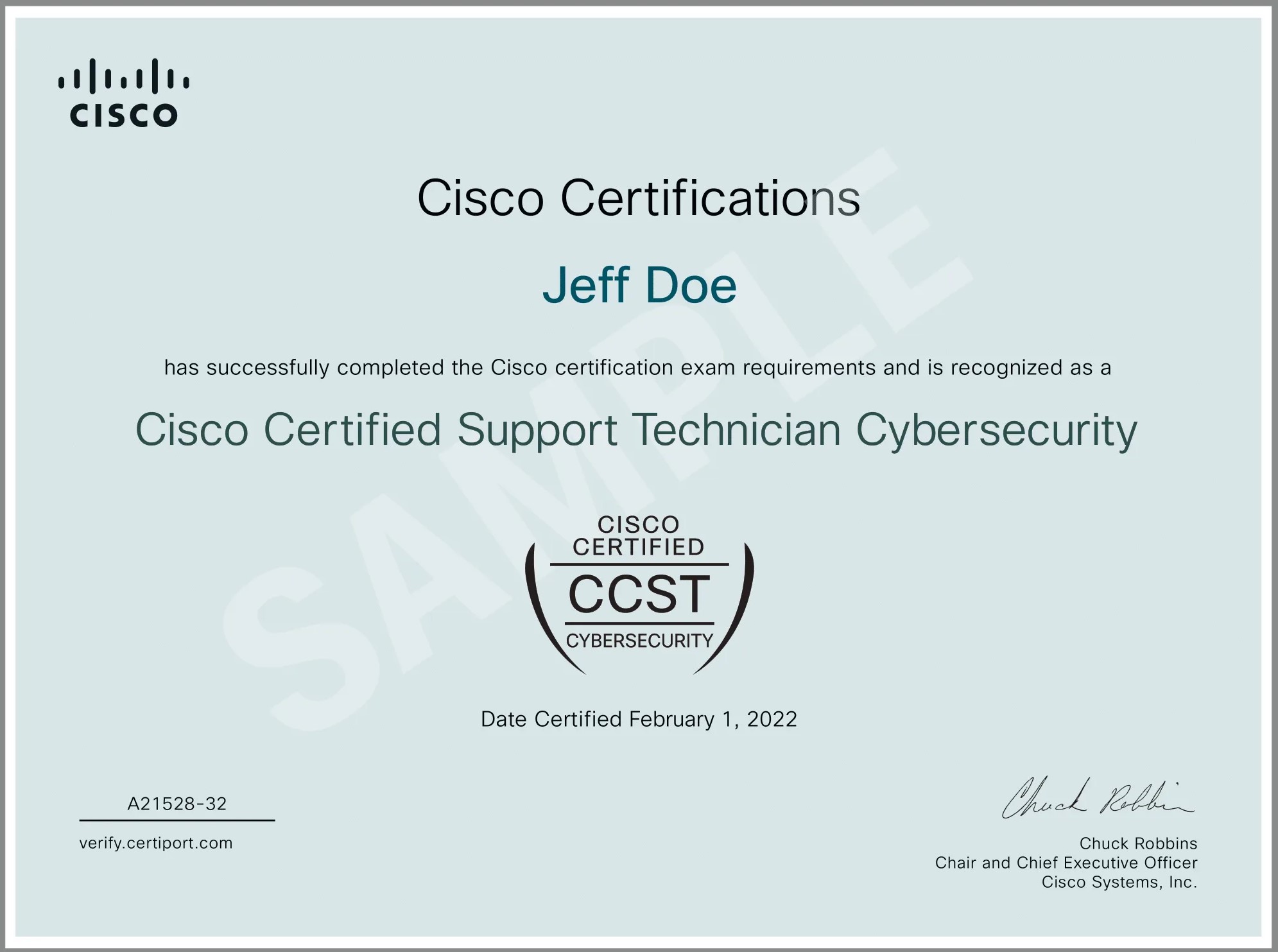 Sample Cisco CCST Cybersecurity certificate
