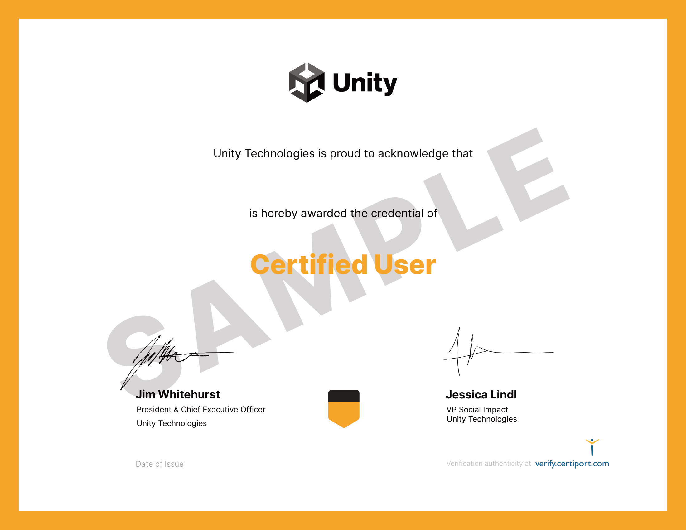 Sample Unity Certified User certificate