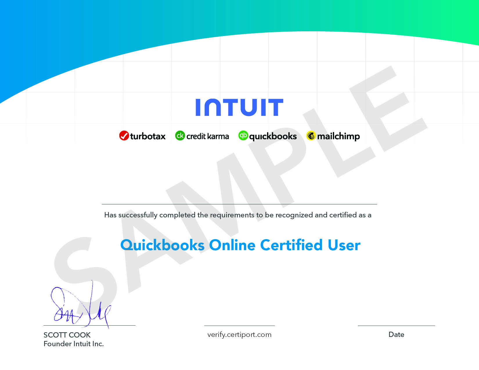Sample Intuit QuickBooks Certified User certificate