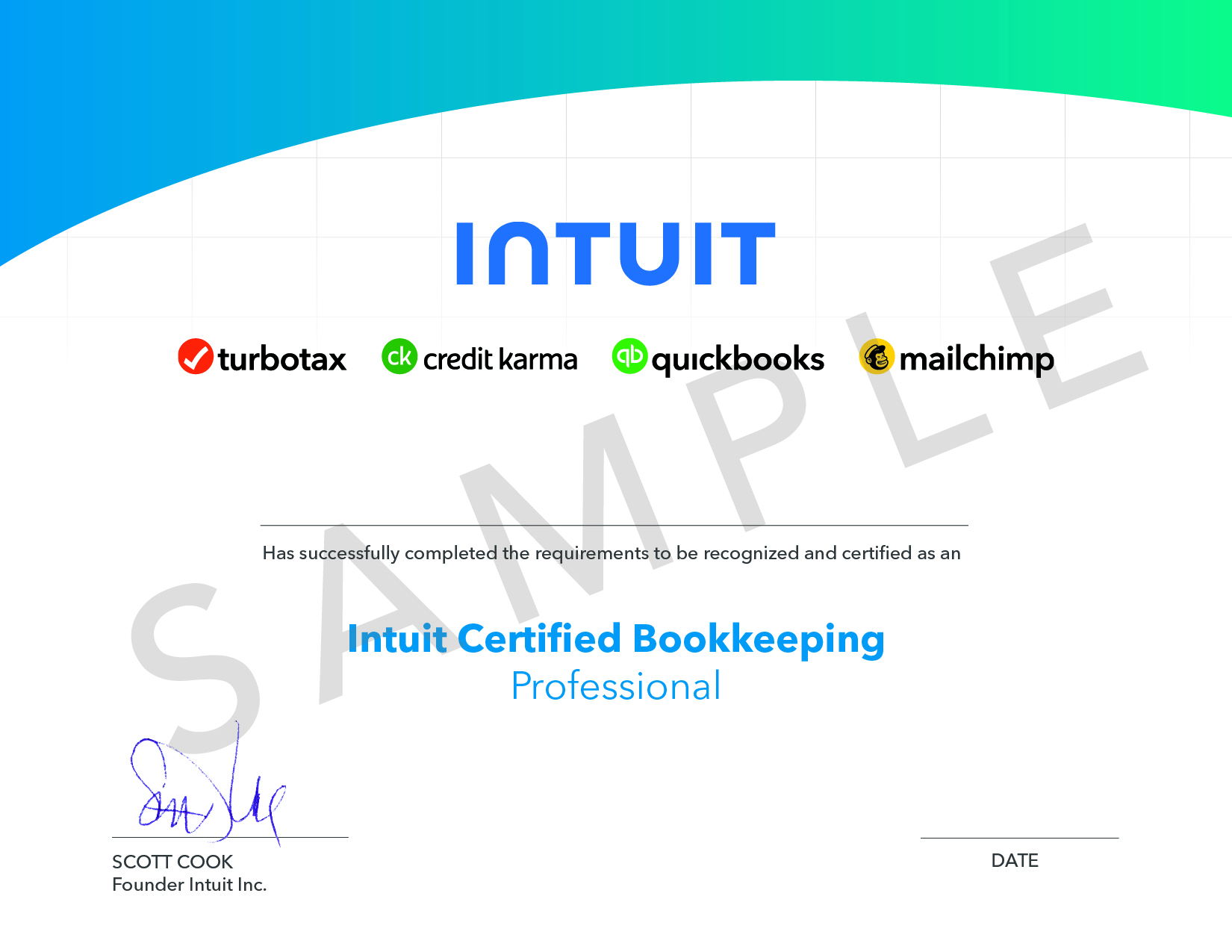 Sample Intuit Certified Bookkeeping Professional certificate, issued by Intuit and delivered by Certiport