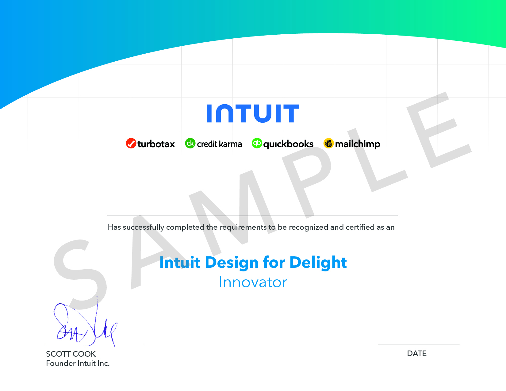Sample Intuit Design for Delight Innovator certificate, issued by Intuit and delivered by Certiport