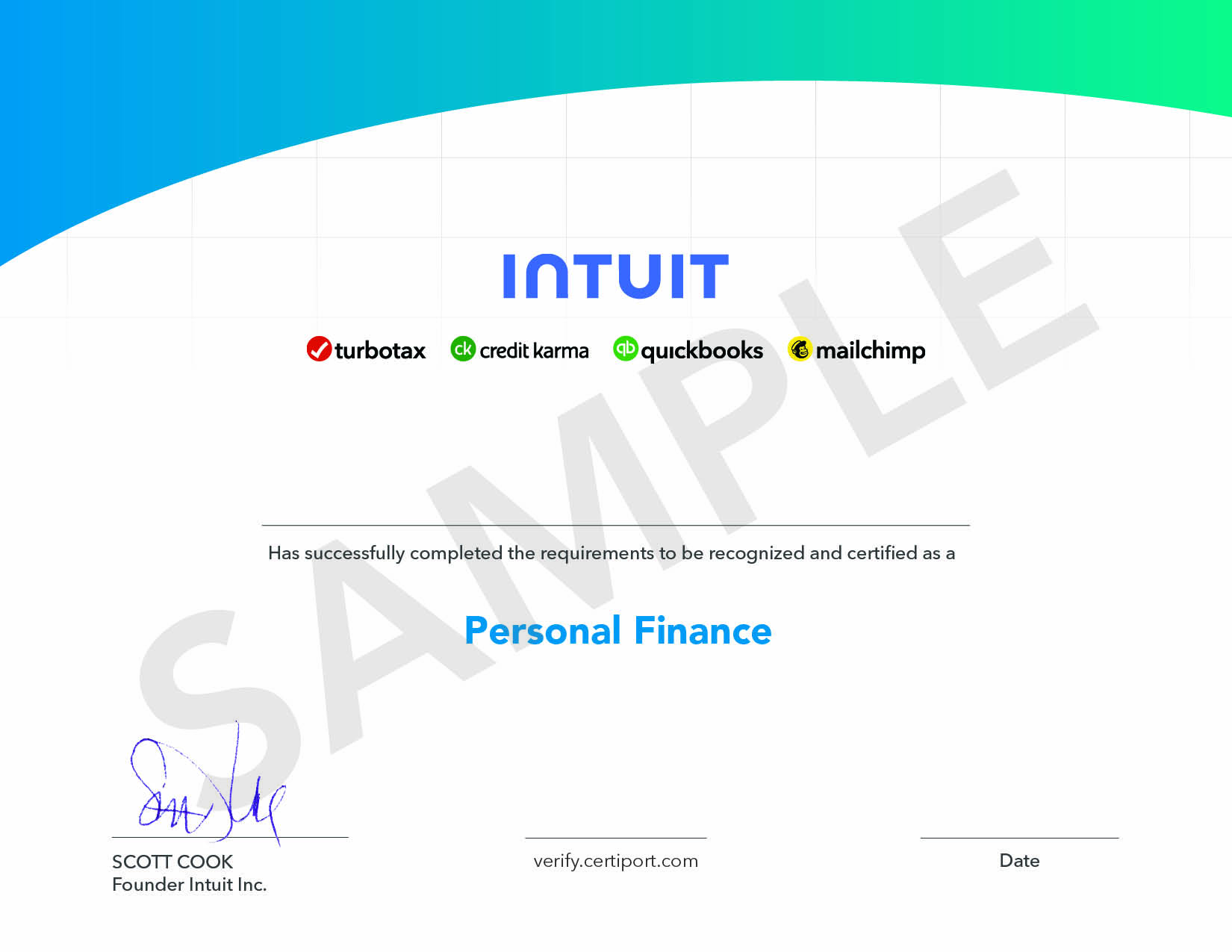 Sample Intuit Personal Finance certificate, issued by Intuit and delivered by Certiport