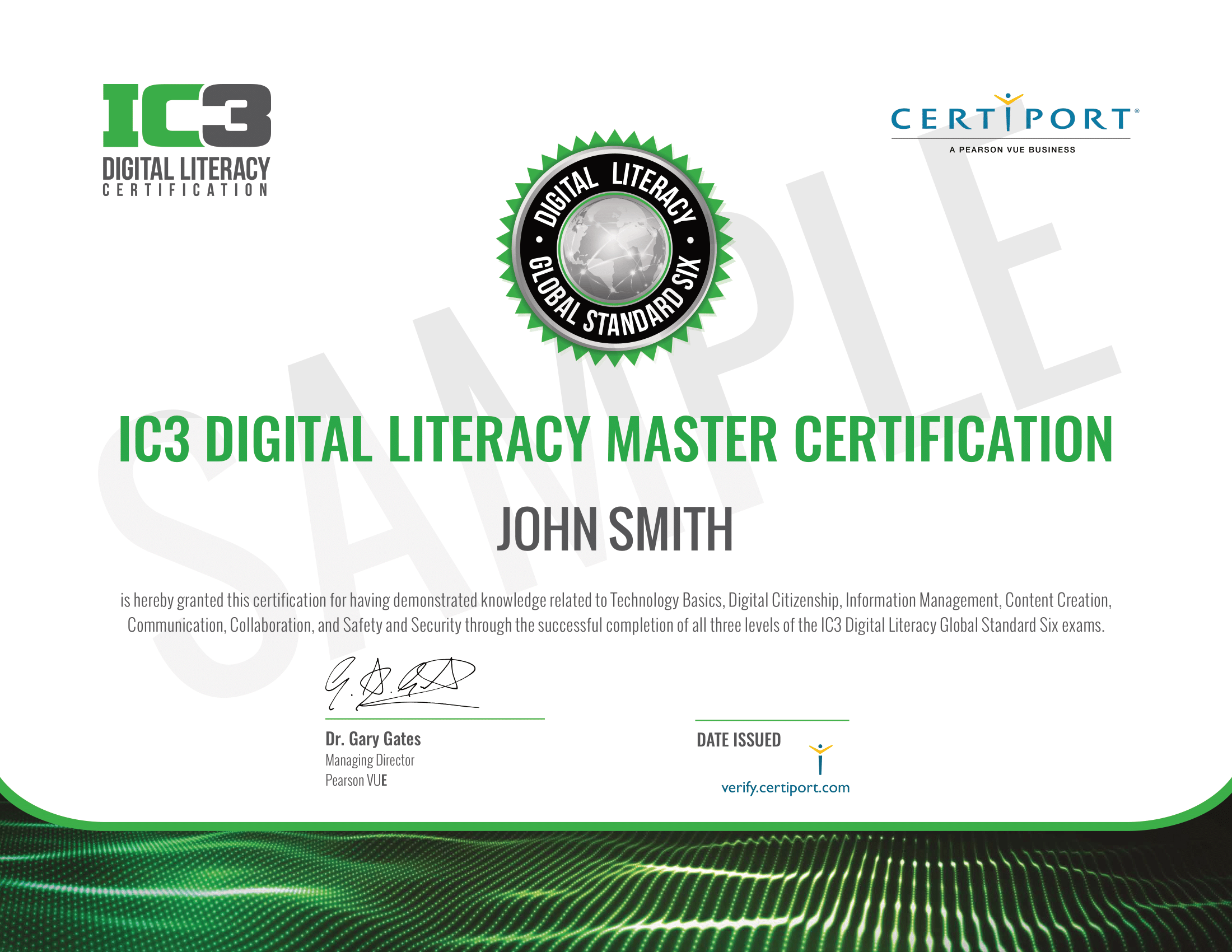 Sample IC3 Digital Literacy certificate