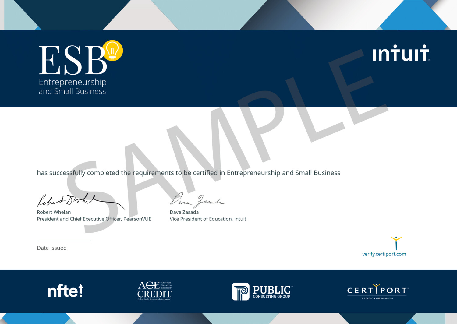 Sample Entrepreneurship & Small Business (ESB) certificate — issued by Certiport, sponsored by Intuit