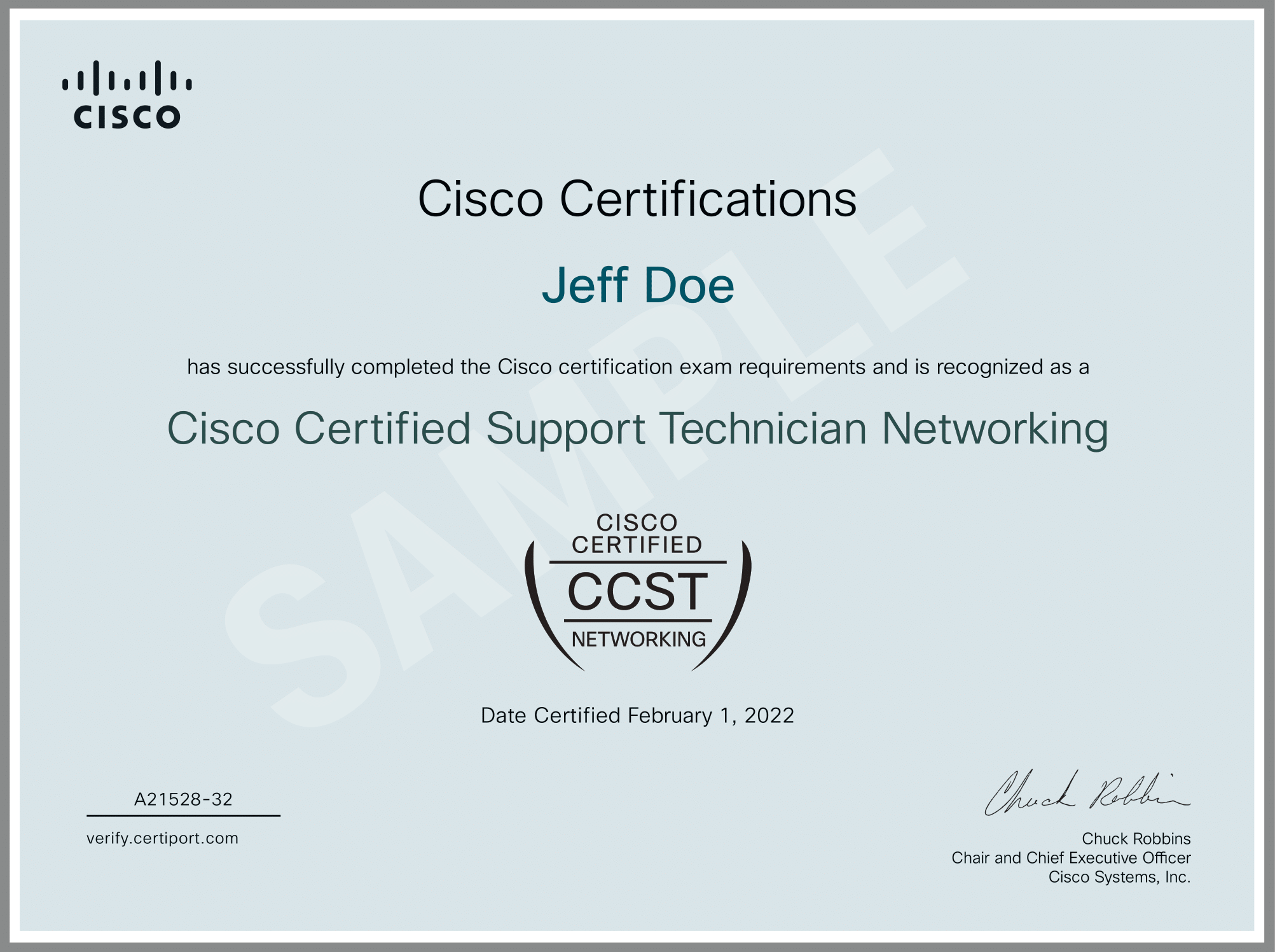 Sample CCST Networking certificate