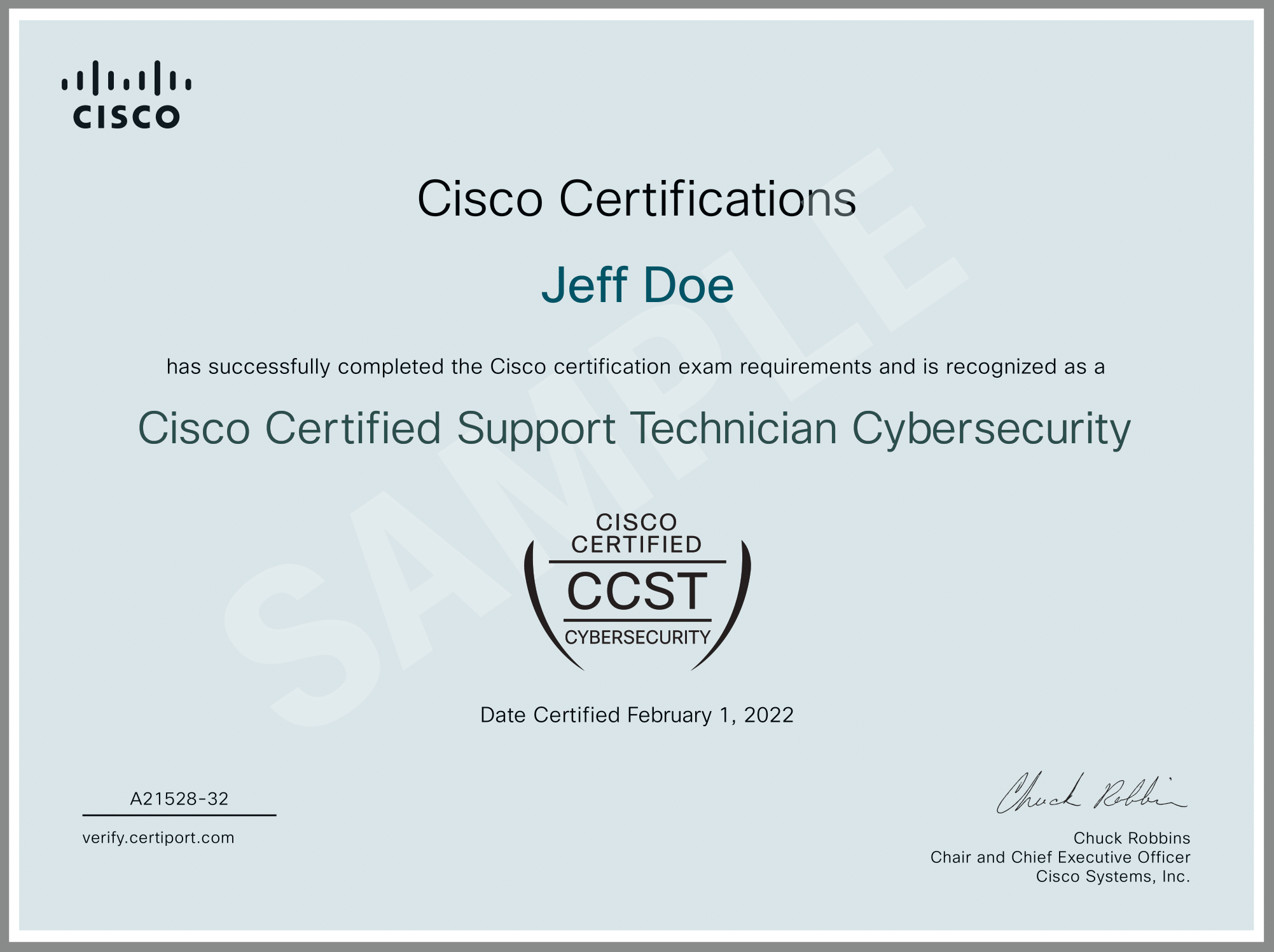Sample Cisco CCST Cybersecurity certificate