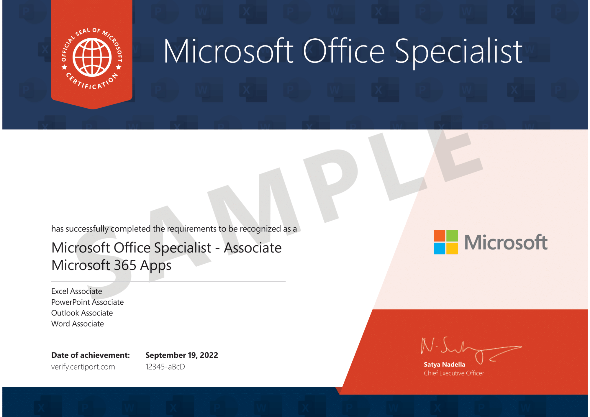 Sample Microsoft Office Specialist certificate
