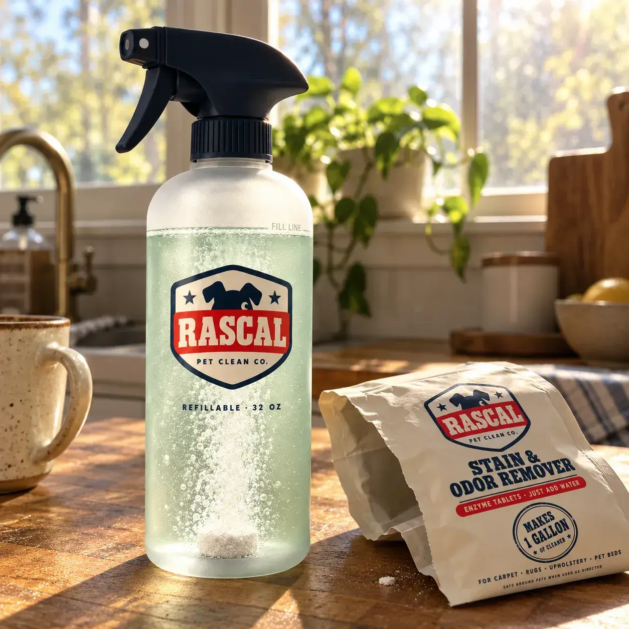 Rascal tablet fizzing inside the spray bottle