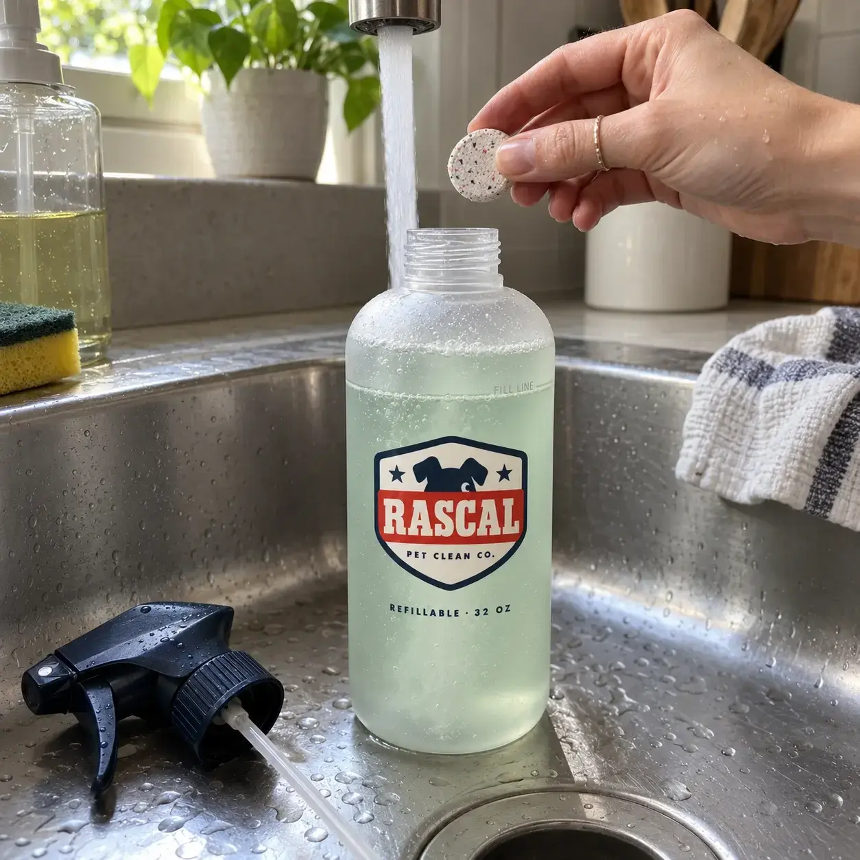 Dropping a Rascal tablet into a spray bottle of tap water