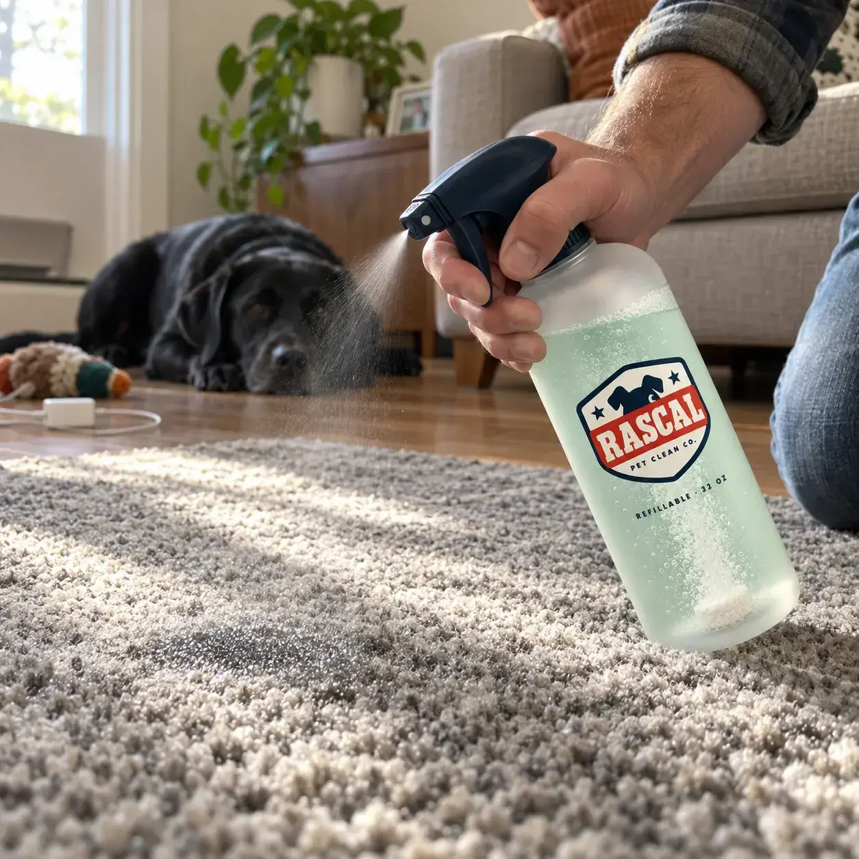 Spraying Rascal on a pet stain on carpet