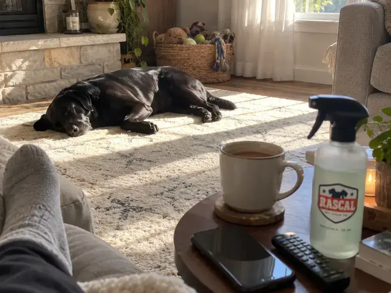 A clean, fresh living room with a dog