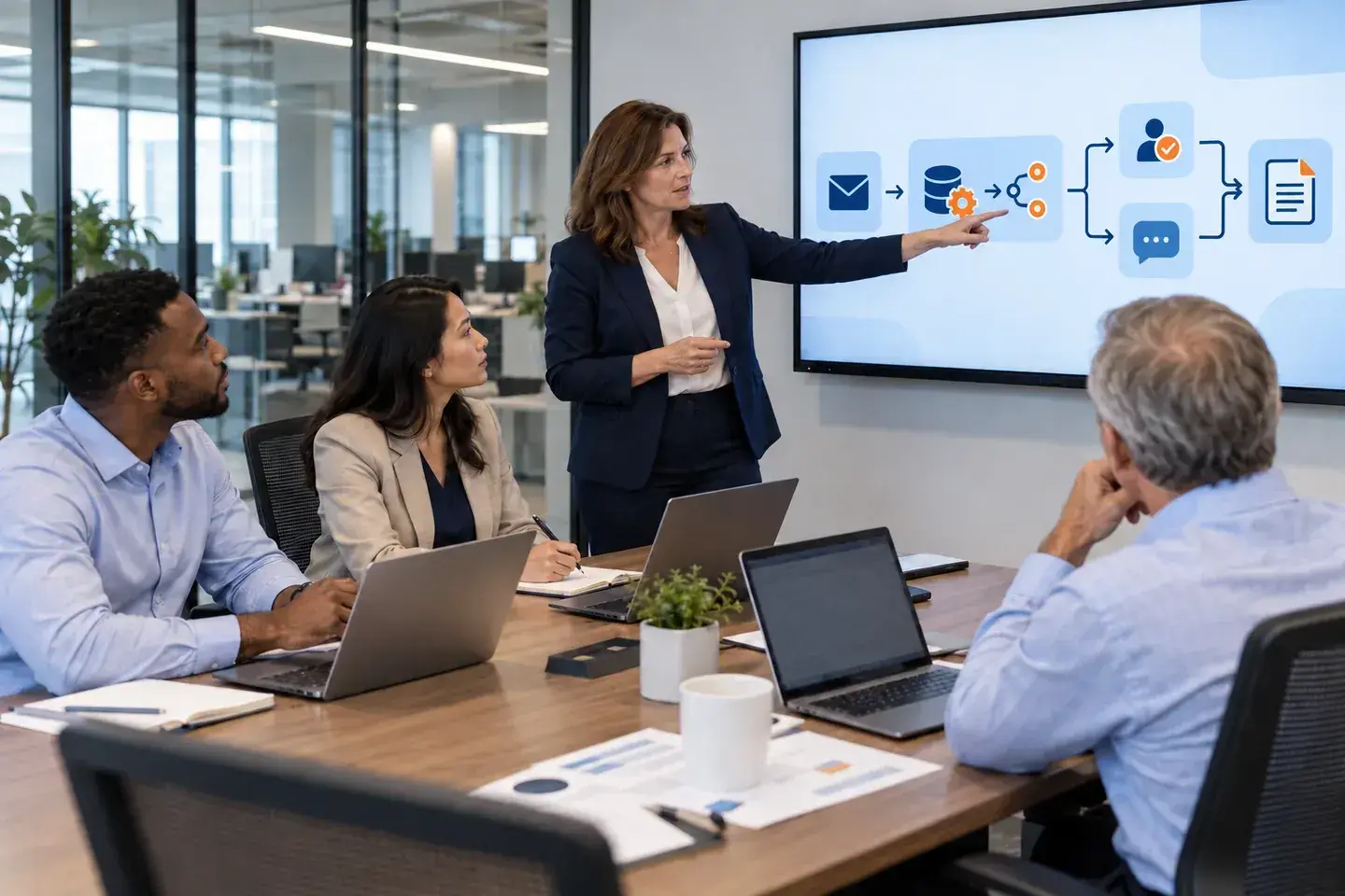 A diverse office team reviewing automated request routing and human review.