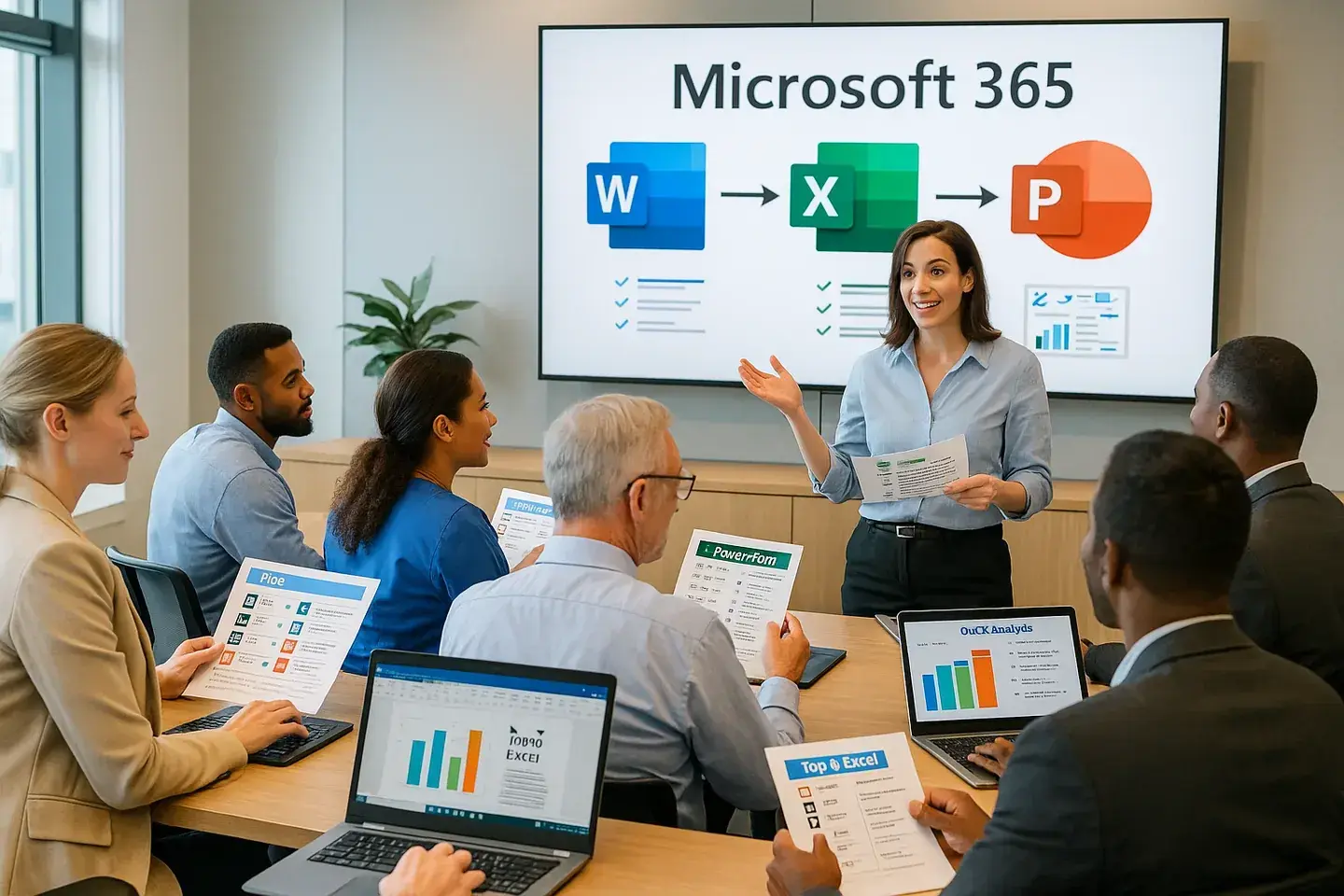 An instructor leading a diverse group of learners in a Microsoft 365 classroom.